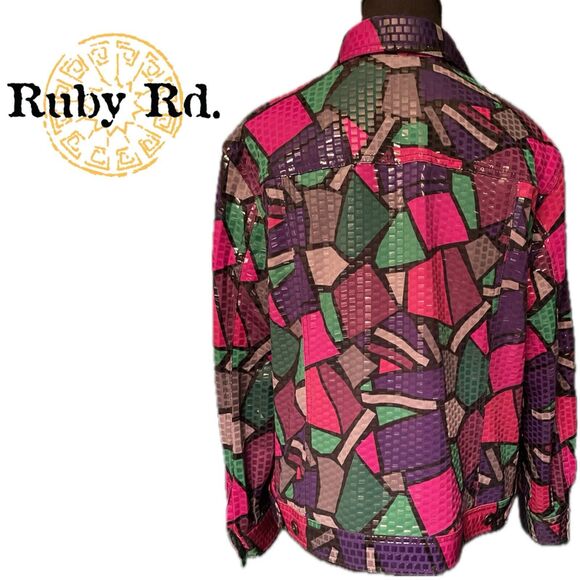 Ruby Rd Sequined Color Blocked Long Sleeve Patchwork Artsy Boho Button Jacket 12 - Picture 2 of 8